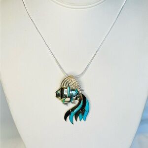 Vintage Sterling Silver Turquoise Koi Fish Pendant Brooch Necklace